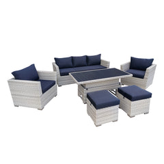 Deko Living Outdoor Wicker Sofa & Ottoman Set with Adjustable Coffee/Dining Table - COP30010