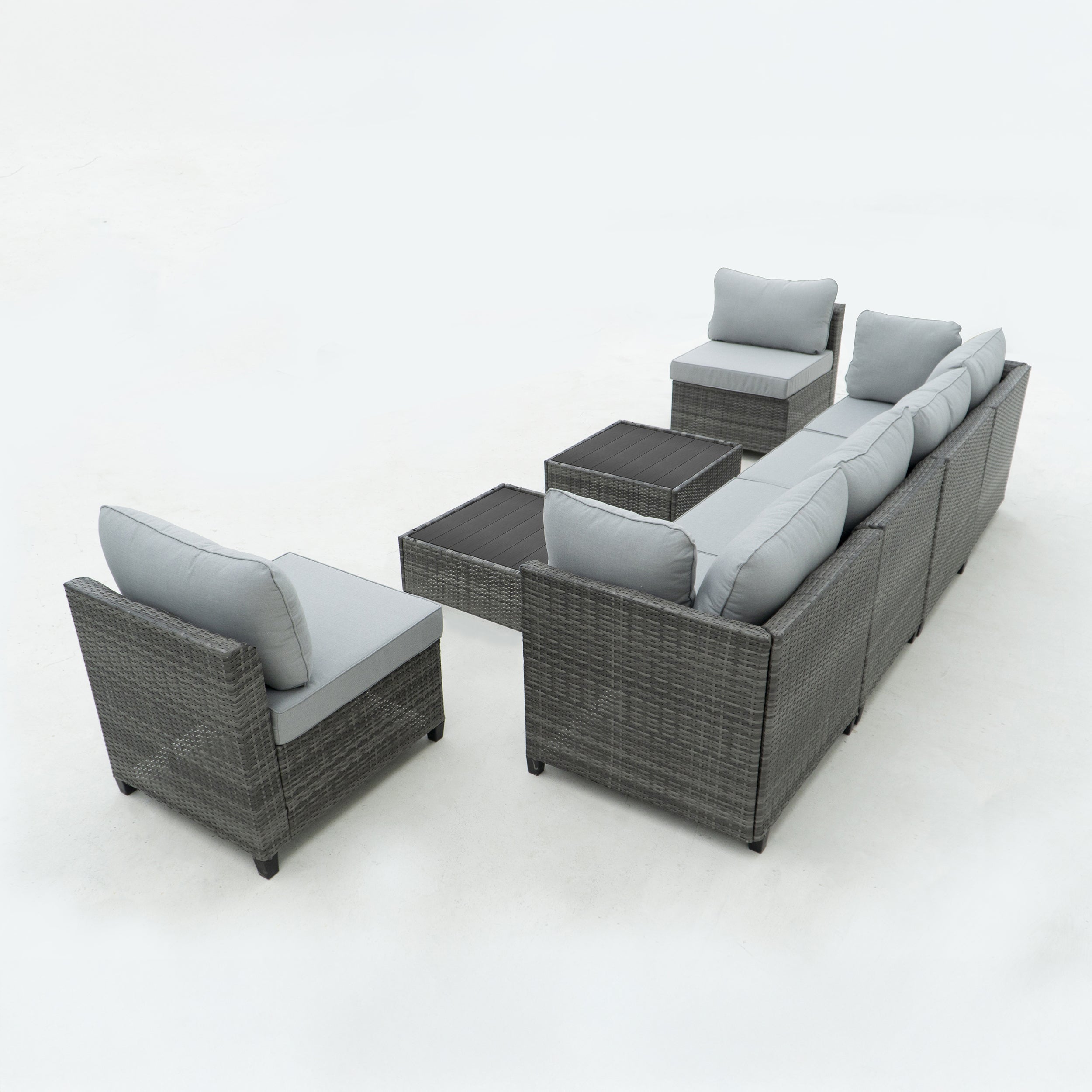 Deko Living 8 Piece Gray Outdoor Sectional Wicker Sofa Chairs and Tables with Interchangable Blue and Gray Cushion Covers - COP30111
