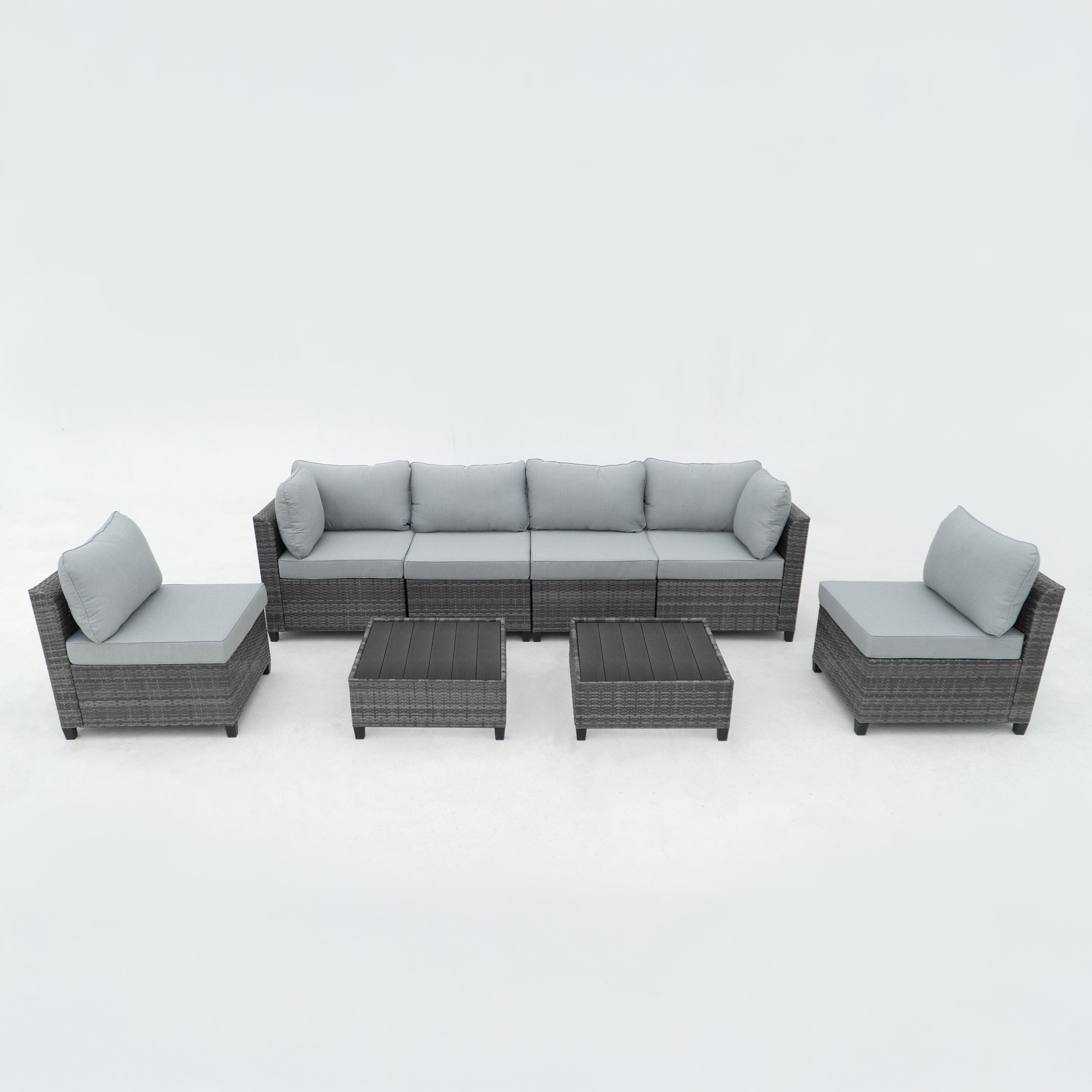Deko Living 8 Piece Gray Outdoor Sectional Wicker Sofa Chairs and Tables with Interchangable Blue and Gray Cushion Covers - COP30111