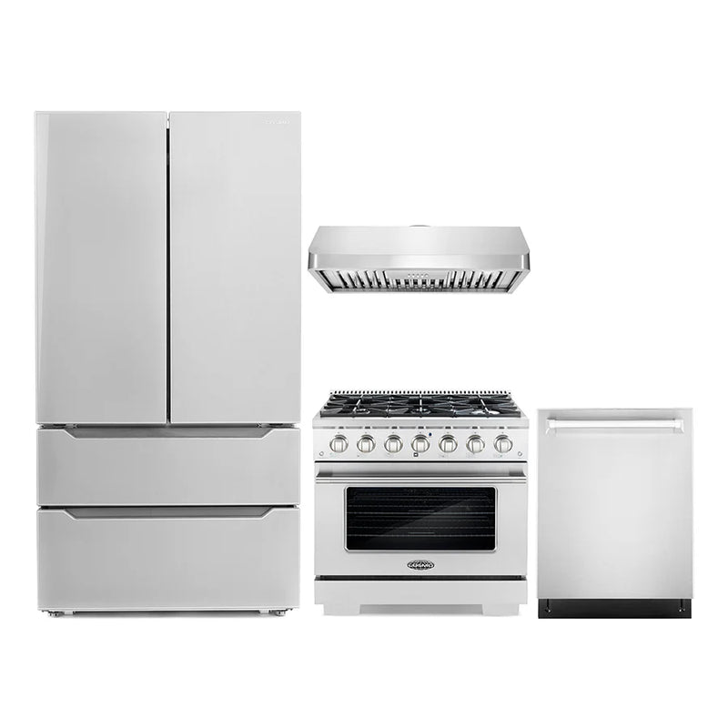 Cosmo 4-Piece, 36″ Gas Range 36″ Range Hood 24″ Dishwasher and Refrigerator - COS-4PKG-053