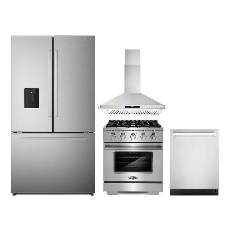 Cosmo 4PC Package 30″ Gas Range 30″ Wall mount Range Hood 24″ Dishwasher & 36″ French Door Refrigerator - COS-4PKG-655