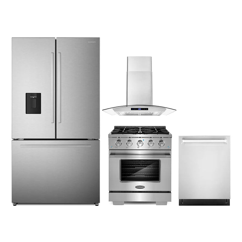 Cosmo 4PC Package 30″ Gas Range 30″ Wall mount Range Hood 24″ Dishwasher & 36″ French Door Refrigerator - COS-4PKG-656