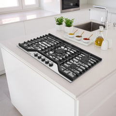 Cosmo 36 in. Vista Collection Drop-in Gas Cooktop with 5 Burners, Metal Knobs, Cast Iron Grates in Stainless Steel - COS-CTGV365SS