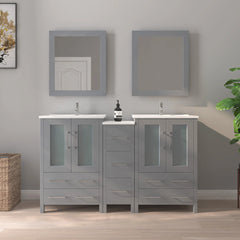 Vanity Art 60"  Double Basin Bathroom Vanity with Top in White Ceramic and Mirror -VA3024-60