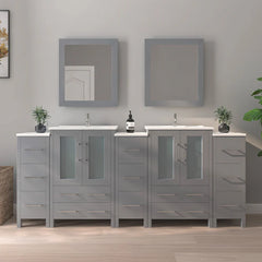 Vanity Art 84" Double Basin Bathroom Vanity with Top in White Ceramic and Mirror - VA3024-84