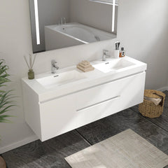 Vanity Art 60-Inch Bathroom Wall Hung Vanity in White with Double Basin Top in White Resin - VA6060DW