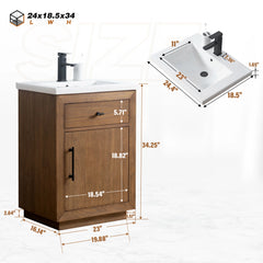 Vanity Art 24”  Single Sink Bathroom Vanity in Tan with Ceramic Top in White - VA7024-T
