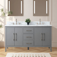 Vanity Art 60"  Double Sink Bathroom Vanity Cabinet with Engineered Marble Top in White - VA9060D