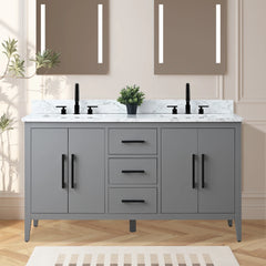 Vanity Art 60"  Double Sink Bathroom Vanity Cabinet with Engineered Marble Top in White - VA9060D