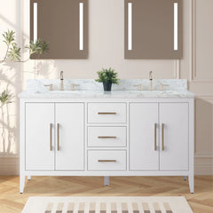 Vanity Art 60"  Double Sink Bathroom Vanity Cabinet with Engineered Marble Top in White - VA9060D