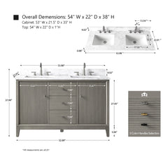 Vanity Art 54" Double Sink Freestanding Bathroom Vanity Cabinet with Marble Top - CVK54D