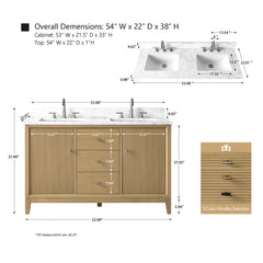 Vanity Art 54" Double Sink Freestanding Bathroom Vanity Cabinet with Marble Top - CVK54D