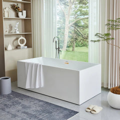 Vanity Art 59" White Acrylic Freestanding Bathtub | Contemporary Soaking Tub with Pop-up Drain and Slotted Overflow, UPC Certified - B813B1