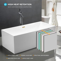 Vanity Art 59" White Acrylic Freestanding Bathtub | Contemporary Soaking Tub with Pop-up Drain and Slotted Overflow, UPC Certified - B813B1