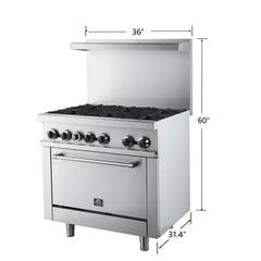 Forno Commerciale 36-Inch Commercial Gas Range – 6 Burners – 4.65 cu. ft. Oven – Stainless Steel - FCMGR0093-36