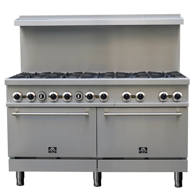 Forno Commerciale 60-Inch Commercial Gas Range – 10 Burners – 300,000 BTU – 9.3 cu. ft. Double Ovens – Stainless Steel - FCMGR0093-60