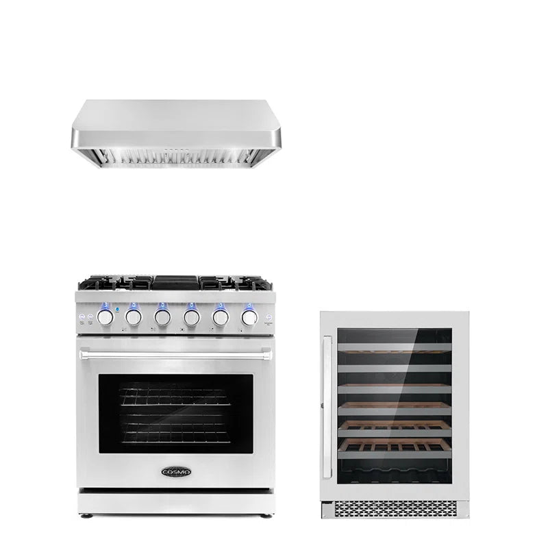 Cosmo 3-Piece, 30″ Gas Range, 30″ UC Range Hood and 48 Bottle Wine Refrigerator - COS-3PKG-017