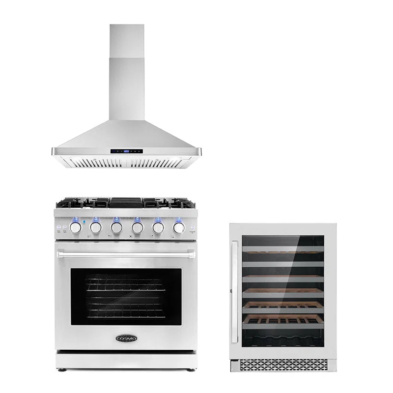 Cosmo 3-Piece, 30″ Gas Range, 30″ Range Hood and 48 Bottle Wine Refrigerator - COS-3PKG-021