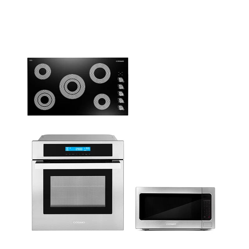 Cosmo 3-Piece 36″ Electric Cooktop 24.4″ Countertop Microwave 24″ Electric Wall Oven - COS-3PKG-084