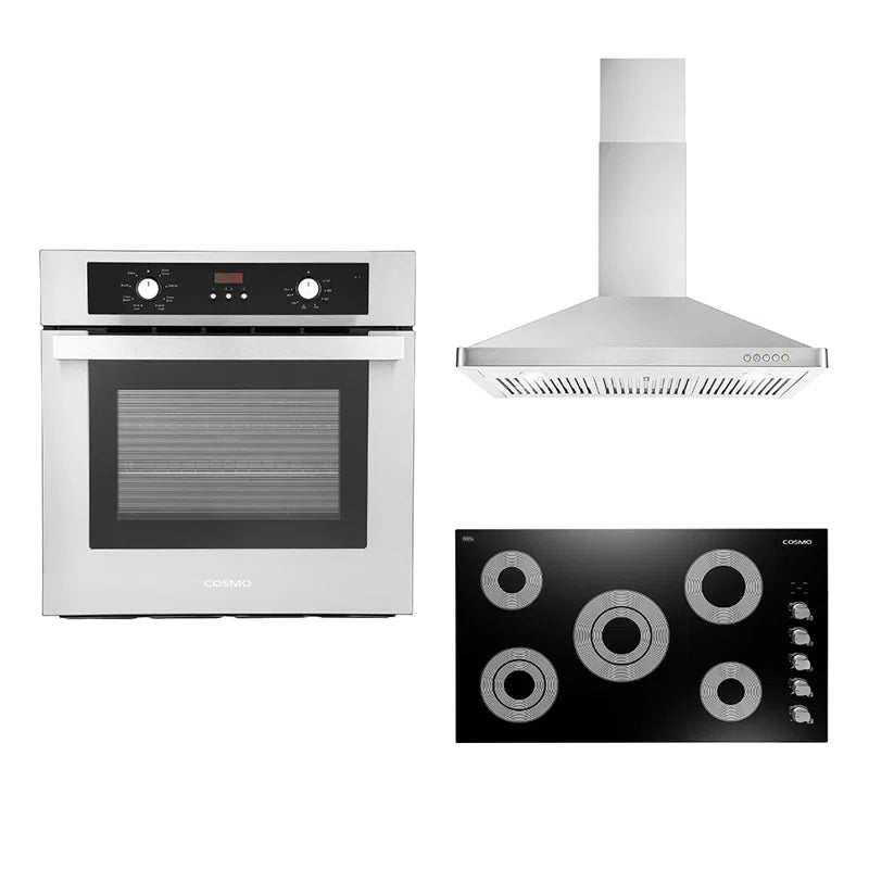 Cosmo 3-Piece, 36″ Electric Cooktop 36″ Wall Mount Range Hood 24″ Electric Wall Oven - COS-3PKG-051