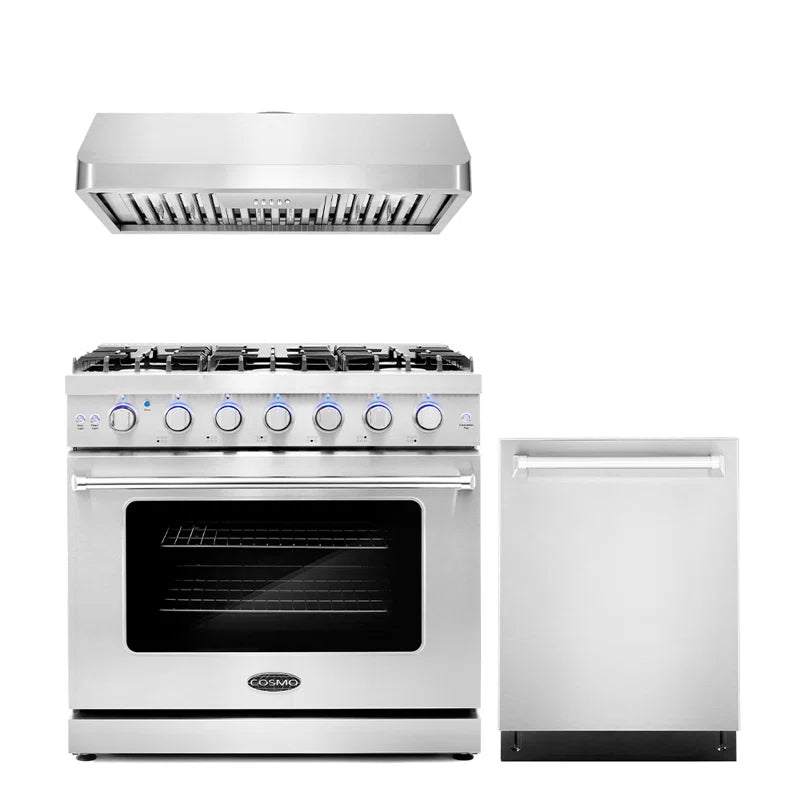 Cosmo 3-Piece, 36″ Gas Range, 36″ Under Cabinet Range Hood and 24″ Dishwasher - COS-3PKG-034