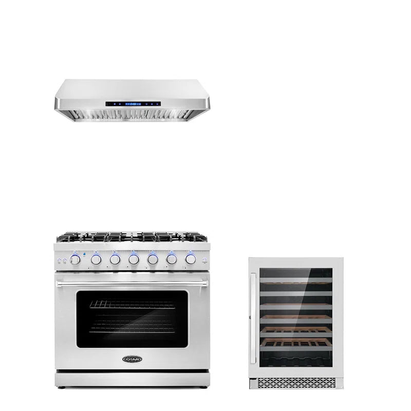 Cosmo 3-Piece, 36″ Gas Range, 36″ Range Hood and 48 Bottle Wine Refrigerator - COS-3PKG-031