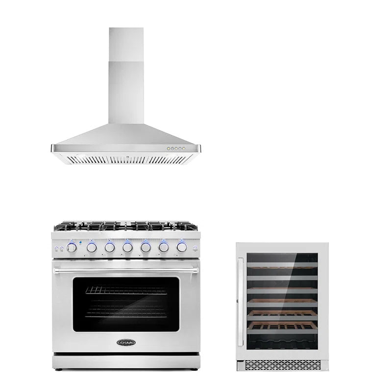 Cosmo 3-Piece, 36″ Gas Range, 36″ Range Hood and 48 Bottle Wine Refrigerator - COS-3PKG-033