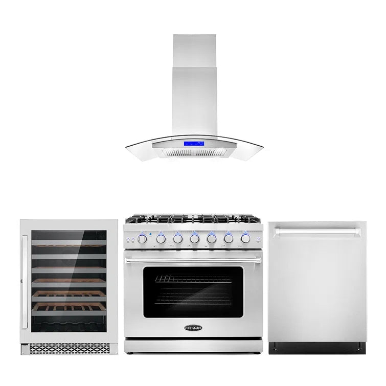 Cosmo 4-Piece, 36″ Gas Range, Range Hood, Dishwasher and 48 Bottle Wine Cooler - COS-4PKG-117