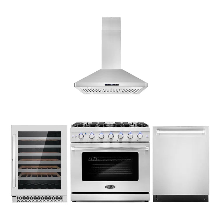 Cosmo 4-Piece, 36″ Gas Range, Range Hood, Dishwasher and 48 Bottle Wine Cooler - COS-4PKG-119