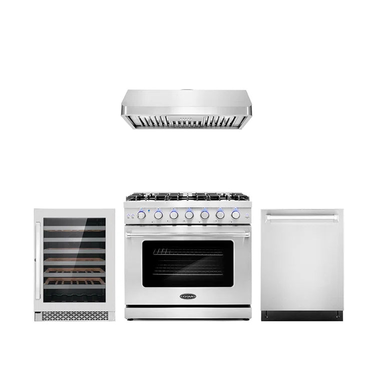Cosmo 4-Piece, 36″ Gas Range, Range Hood, 24″ Dishwasher and Refrigerator - COS-4PKG-109