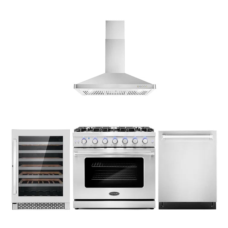 Cosmo 4-Piece, 36″ Gas Range, Range Hood, Dishwasher and 48 Bottle Wine Cooler - COS-4PKG-107
