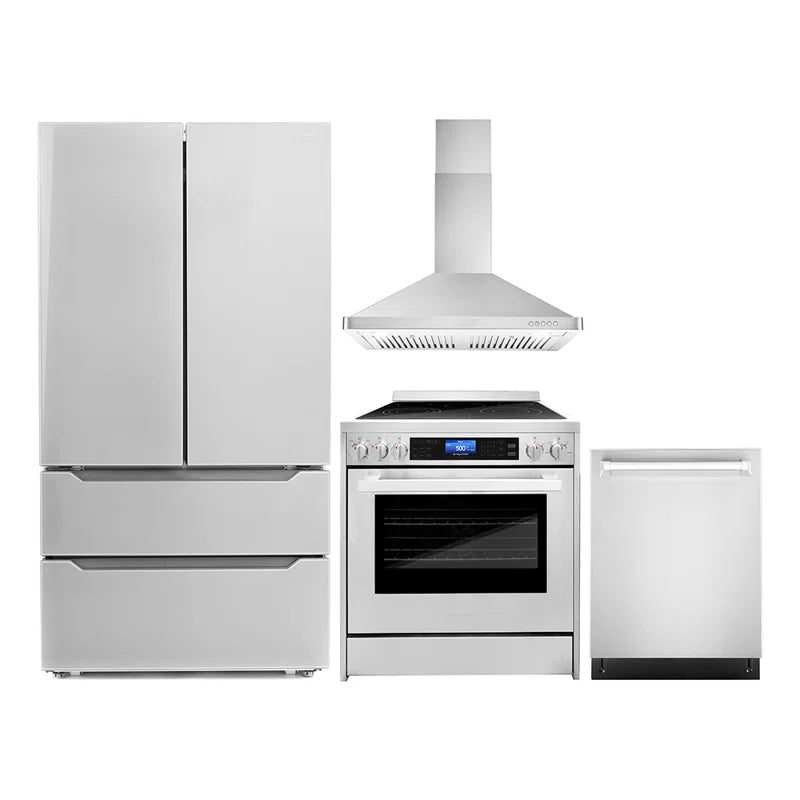 Cosmo 4-Piece, 30″ Electric Range, Range Hood, 24″ Dishwasher and Refrigerator - COS-4PKG-012