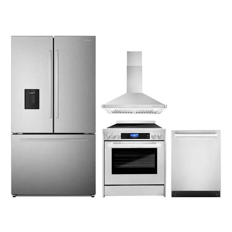 Cosmo 4PC Package 30″ Electric Range 30″ Wall mount Range Hood 24″ Dishwasher & 36″ French Door Refrigerator - COS-4PKG-632