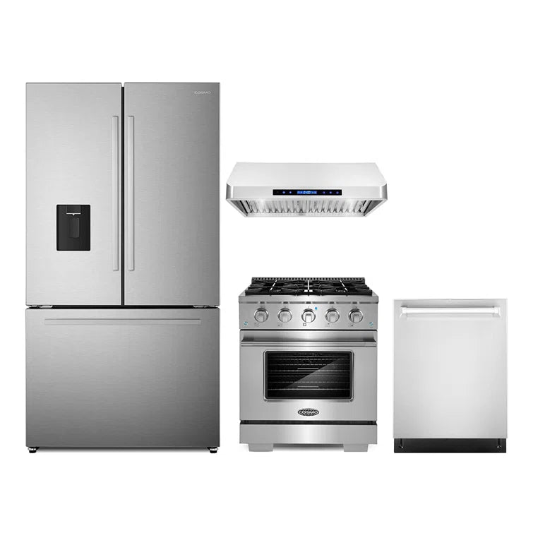 Cosmo 4PC Package 30″ Gas Range 30″ Under Cabinet Range Hood 24″ Dishwasher & 36″ French Door Refrigerator - COS-4PKG-636