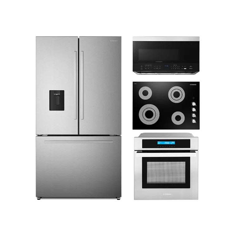Cosmo 4PC Package 30″ Electric Cooktop 36″ French Door Refrigerator 24″ Electric Wall Oven & 30″ Over the Range Microwave	- COS-4PKG-718