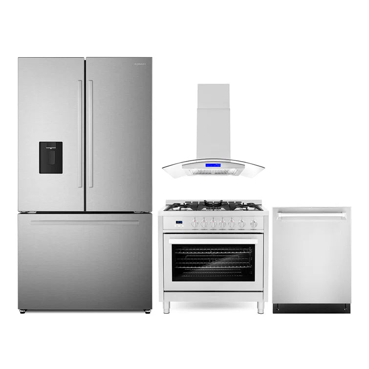 Cosmo 4PC Package 36″ Gas Range 36″ Island Mount Range Hood 24″ Dishwasher & 36″ French Door Refrigerator - COS-4PKG-727