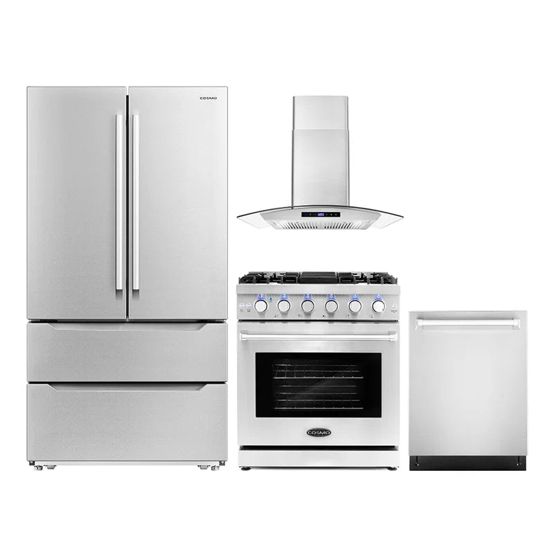 Cosmo 4 Piece, 30″ Gas Range 30″ Range Hood 24″ Dishwasher & French Door Refrigerator - COS-4PKG-253