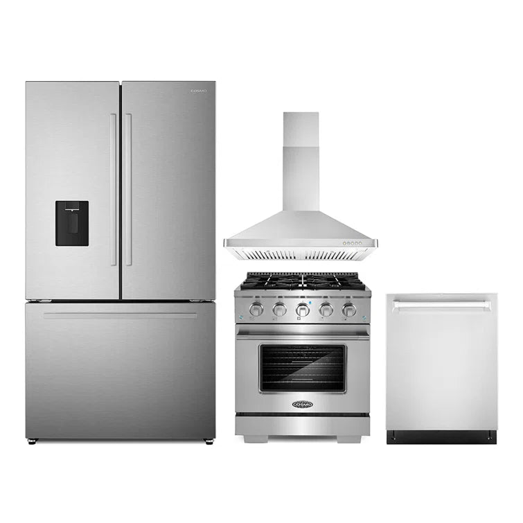 Cosmo 4PC Package 30″ Gas Range 30″ Wall Mount Range Hood 24″ Dishwasher & 36″ French Door Refrigerator - COS-4PKG-628