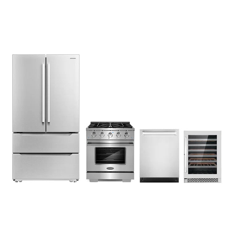 Cosmo 4 Piece, 30″ Gas Range 24″ Dishwasher & Refrigerator & Wine Refrigerator	- COS-4PKG-251