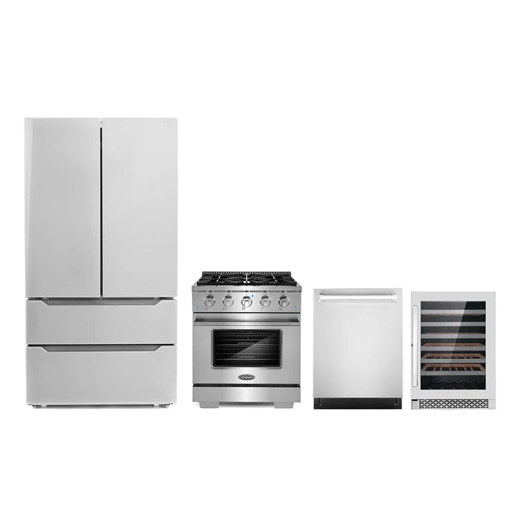 Cosmo 4PC Package with 30″ Gas Range, Dishwasher, Refrigerator & 48 Bottle Wine Cooler	- COS-4PKG-124