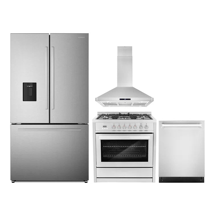 Cosmo 4PC Package 36″ Dual Fuel Range 36″ Island Mount Range Hood 24″ Dishwasher & 36″ French Door Refrigerator - COS-4PKG-676