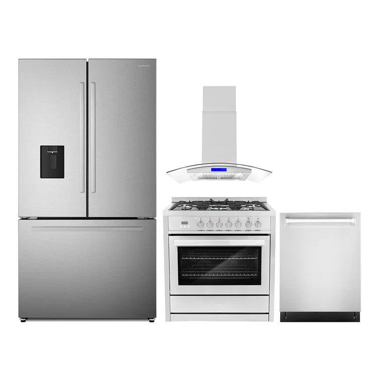 Cosmo 4PC Package 36″ Dual Fuel Range 36″ Island Mount Range Hood 24″ Dishwasher & 36″ French Door Refrigerator - COS-4PKG-675
