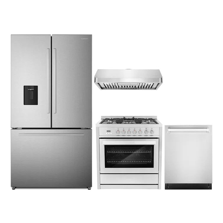 Cosmo 4PC Package 36″ Dual Fuel Range 36″ Under Cabinet Range Hood 24″ Dishwasher & 36″ French Door Refrigerator - COS-4PKG-671
