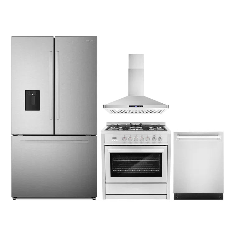 Cosmo 4PC Package 36″ Dual Fuel Range 36″ Wall Mount Range Hood 24″ Dishwasher & 36″ French Door Refrigerator - COS-4PKG-673
