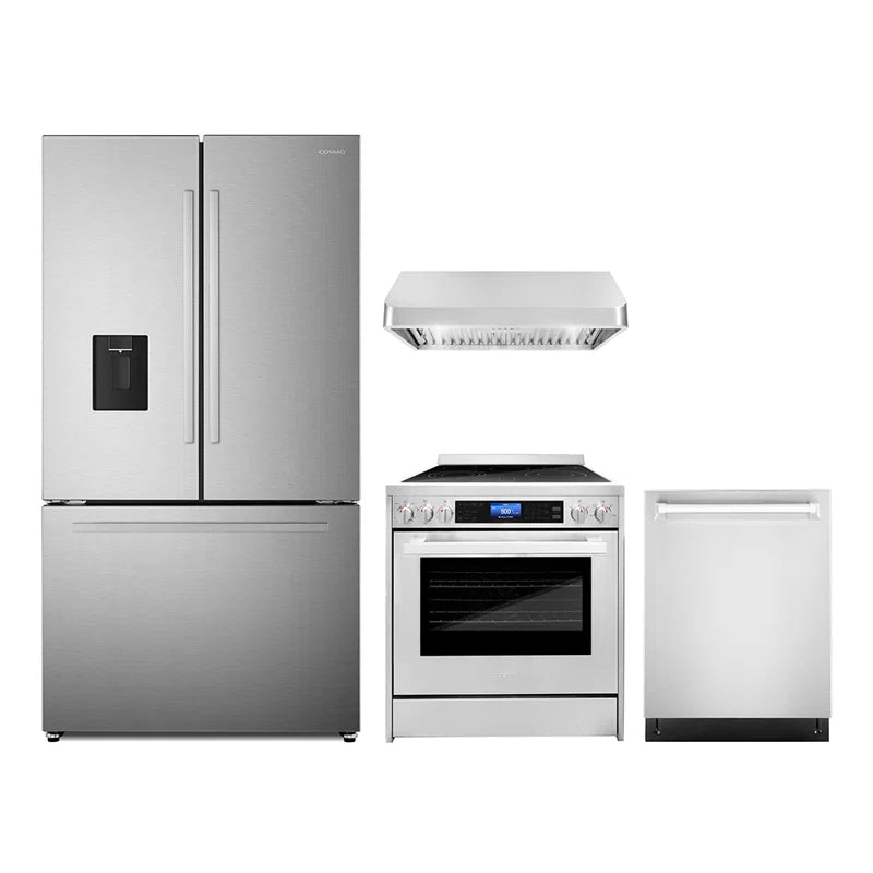 Cosmo 4PC Package 30″ Electric Range 30″ Under Cabinet Range Hood 24″ Dishwasher & 36″ French Door Refrigerator - COS-4PKG-643