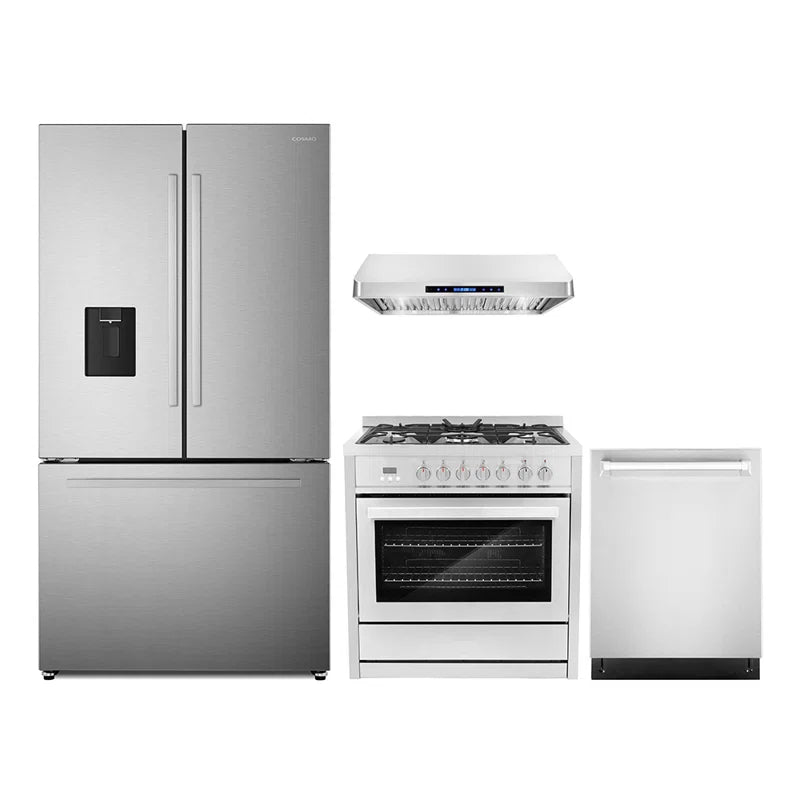 Cosmo 4PC Package 36″ Dual Fuel Range 36″ Under Cabinet Range Hood 24″ Dishwasher & 36″ French Door Refrigerator - COS-4PKG-642