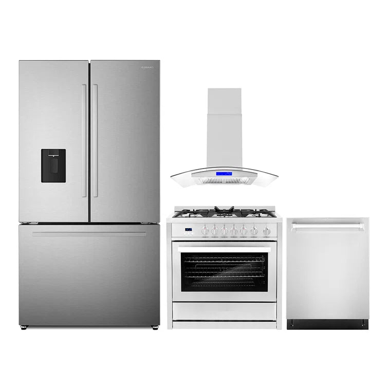 Cosmo 4PC Package 36″ Gas Range 36″ Island Mount Range Hood 24″ Dishwasher & 36″ French Door Refrigerator - COS-4PKG-669