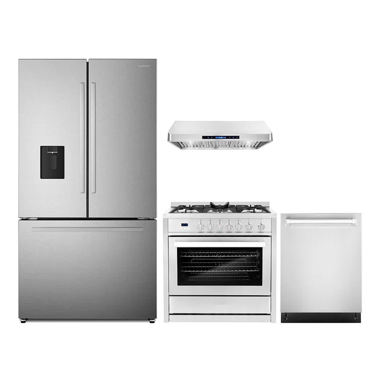 Cosmo 4PC Package 36″ Gas Range 36″ Under Cabinet Range Hood 24″ Dishwasher & 36″ French Door Refrigerator - COS-4PKG-627