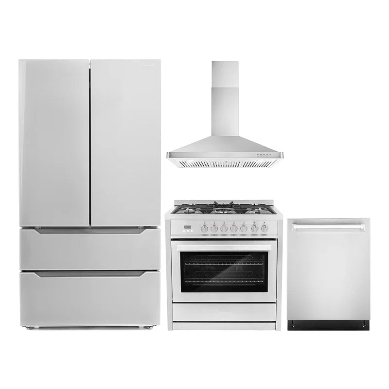 Cosmo 4-Piece, 36″ Dual Fuel Range, 36″ Range Hood, 24″ Dishwasher and Refrigerator - COS-4PKG-009