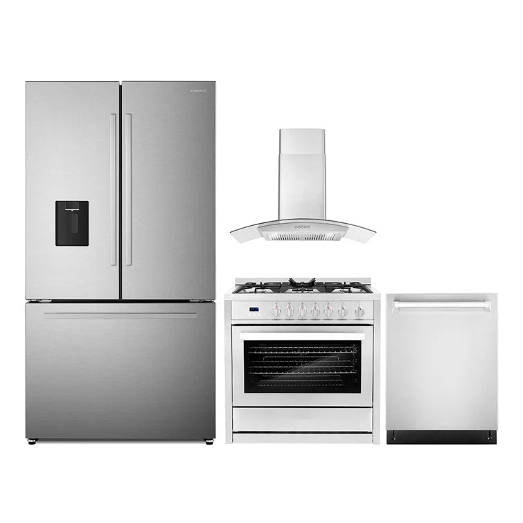 Cosmo 4PC Package 36″ Gas Range 36″ Wall Mount Range Hood 24″ Dishwasher & 36″ French Door Refrigerator - COS-4PKG-666
